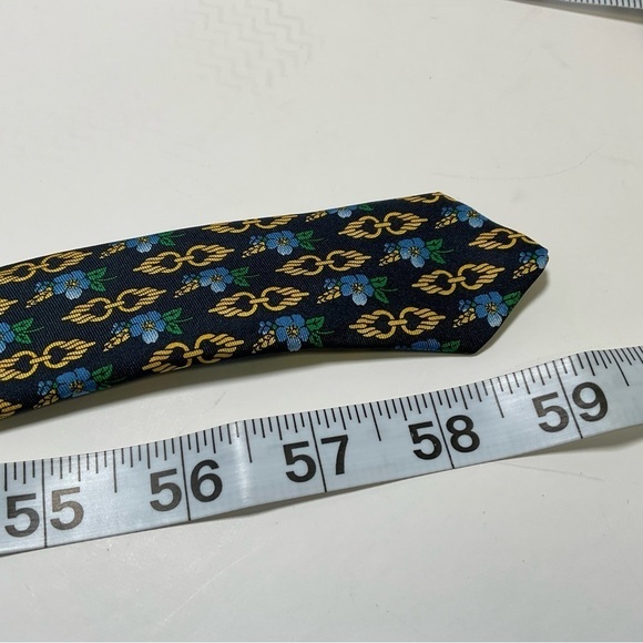 Vintage Silk Tie Hawaiian Flower Print Navy Blue Yellow Harvey Ashton - Picture 9 of 9